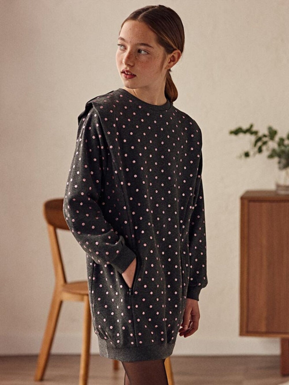 Mayoral Girls Charcoal Gray Glitter Polka Dot Sweatshirt Dress Sz 8